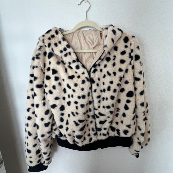 Shein Dalmatian Print Zip Up 3D Ears Design Hooded Flannel Jacket - Picture 1 of 4